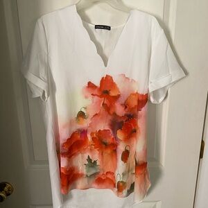 Women’s dressy shirt. Size 2XL. Off white with orange and red Poppies on front.